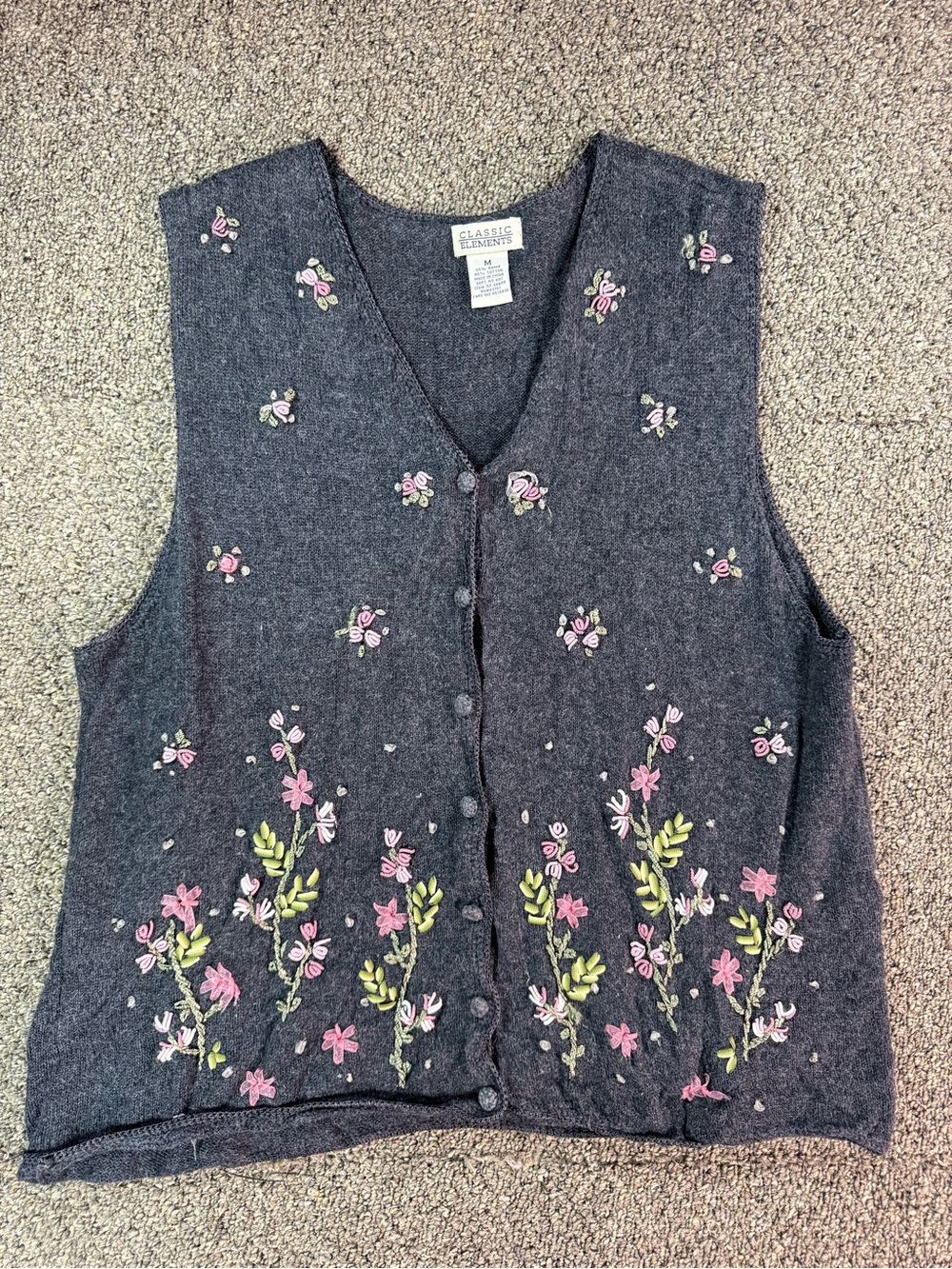 Classic Elements Charcoal V-Neck Embroidered Floral Button Vest